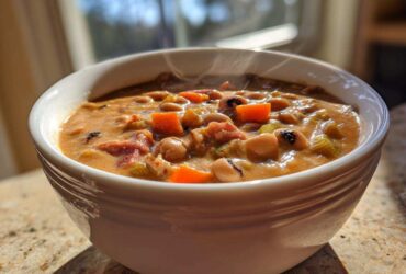 Close-up of a steaming white bowl filled with creamy black eyed peas, diced carrots, and celery.