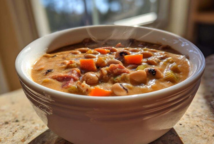 Close-up of a steaming white bowl filled with creamy black eyed peas, diced carrots, and celery.