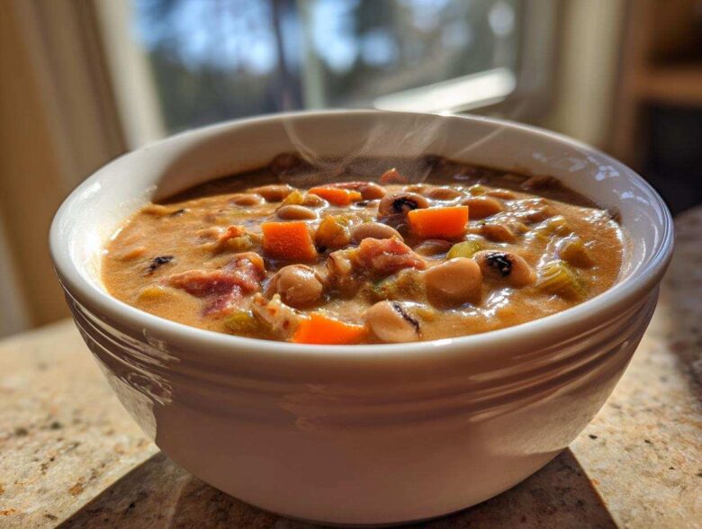 Close-up of a steaming white bowl filled with creamy black eyed peas, diced carrots, and celery.