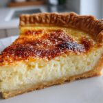 Close-up of a thick slice of buttermilk pie showing the creamy filling and golden-brown, slightly caramelized top crust.