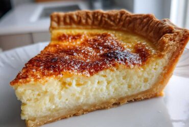 Close-up of a thick slice of buttermilk pie showing the creamy filling and golden-brown, slightly caramelized top crust.