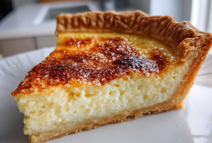 Close-up of a thick slice of buttermilk pie showing the creamy filling and golden-brown, slightly caramelized top crust.