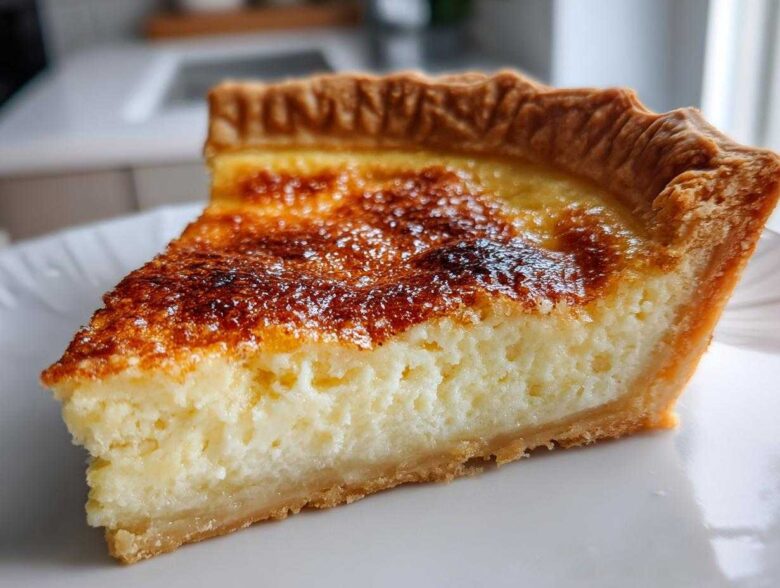 Close-up of a thick slice of buttermilk pie showing the creamy filling and golden-brown, slightly caramelized top crust.