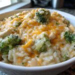 Close-up of creamy cheesy chicken and rice mixed with bright green broccoli florets, topped with melted cheddar cheese.