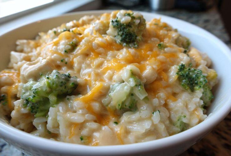 Close-up of creamy cheesy chicken and rice mixed with bright green broccoli florets, topped with melted cheddar cheese.