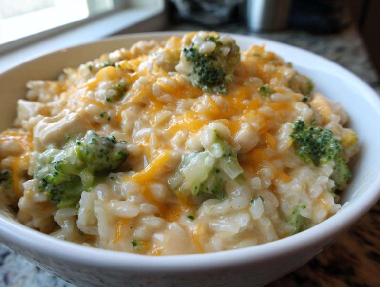 Close-up of creamy cheesy chicken and rice mixed with bright green broccoli florets, topped with melted cheddar cheese.