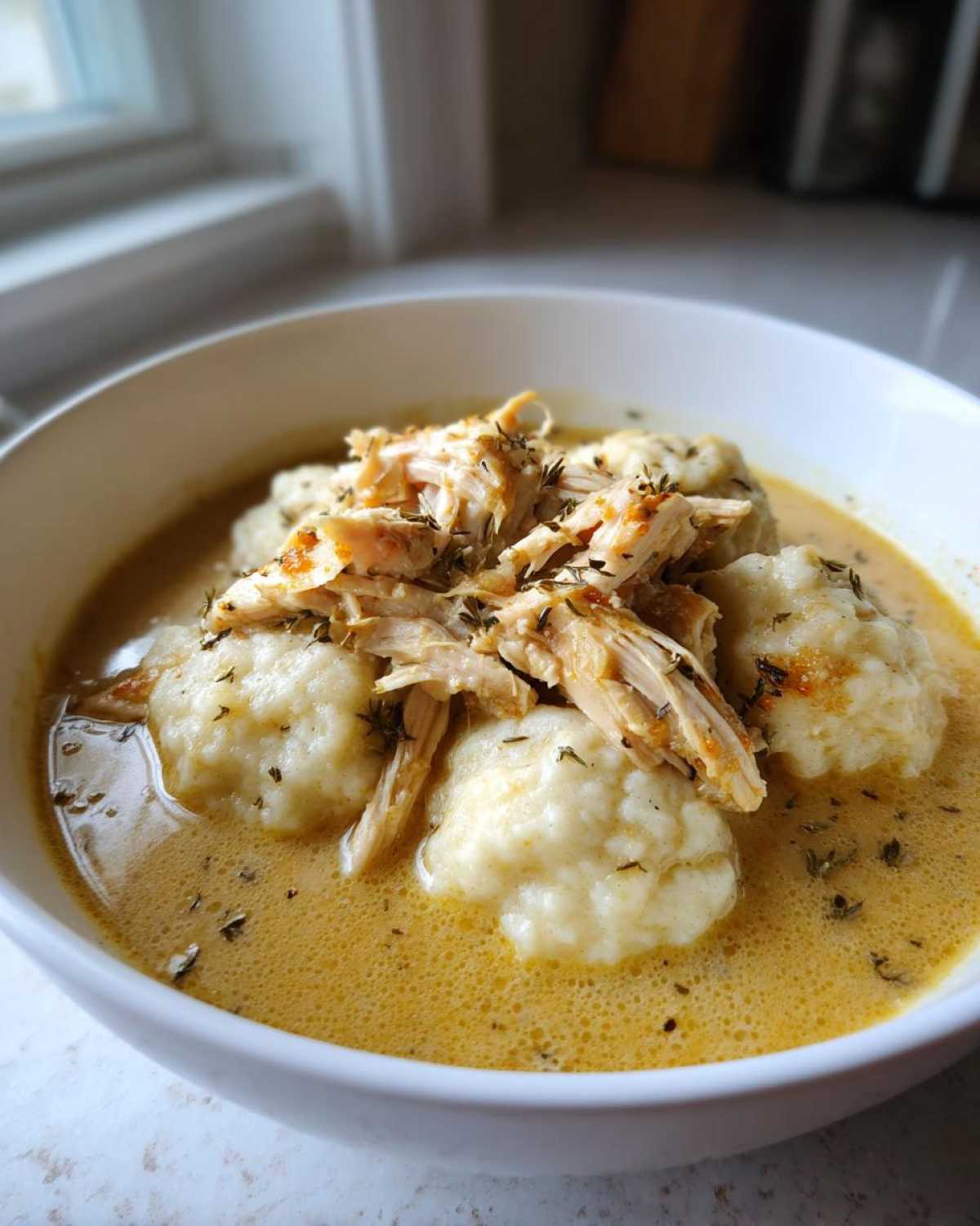 Close-up of a white bowl filled with creamy chicken and dumpling soup, topped with shredded chicken and herbs.