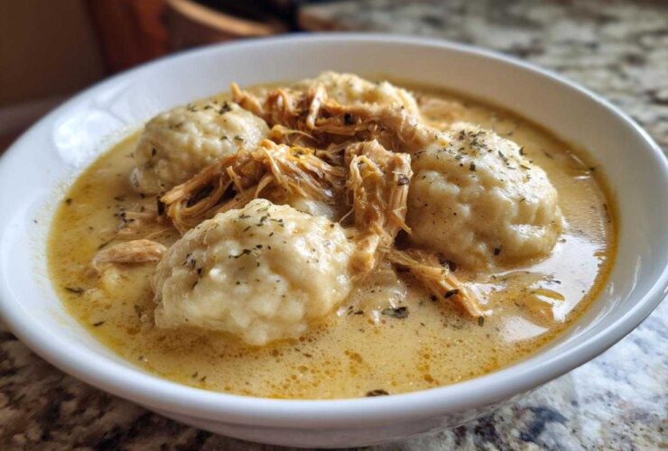 Close-up of a white bowl filled with creamy chicken and dumpling soup, featuring shredded chicken and fluffy dumplings.