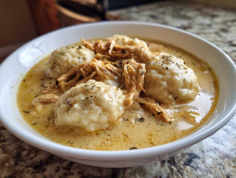 Close-up of a white bowl filled with creamy chicken and dumpling soup, featuring shredded chicken and fluffy dumplings.