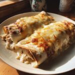 Two creamy chicken enchiladas smothered in melted, bubbly white cheese sauce, ready to eat.