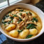 Close-up of a hearty bowl of creamy chicken and gnocchi soup with wilted spinach.