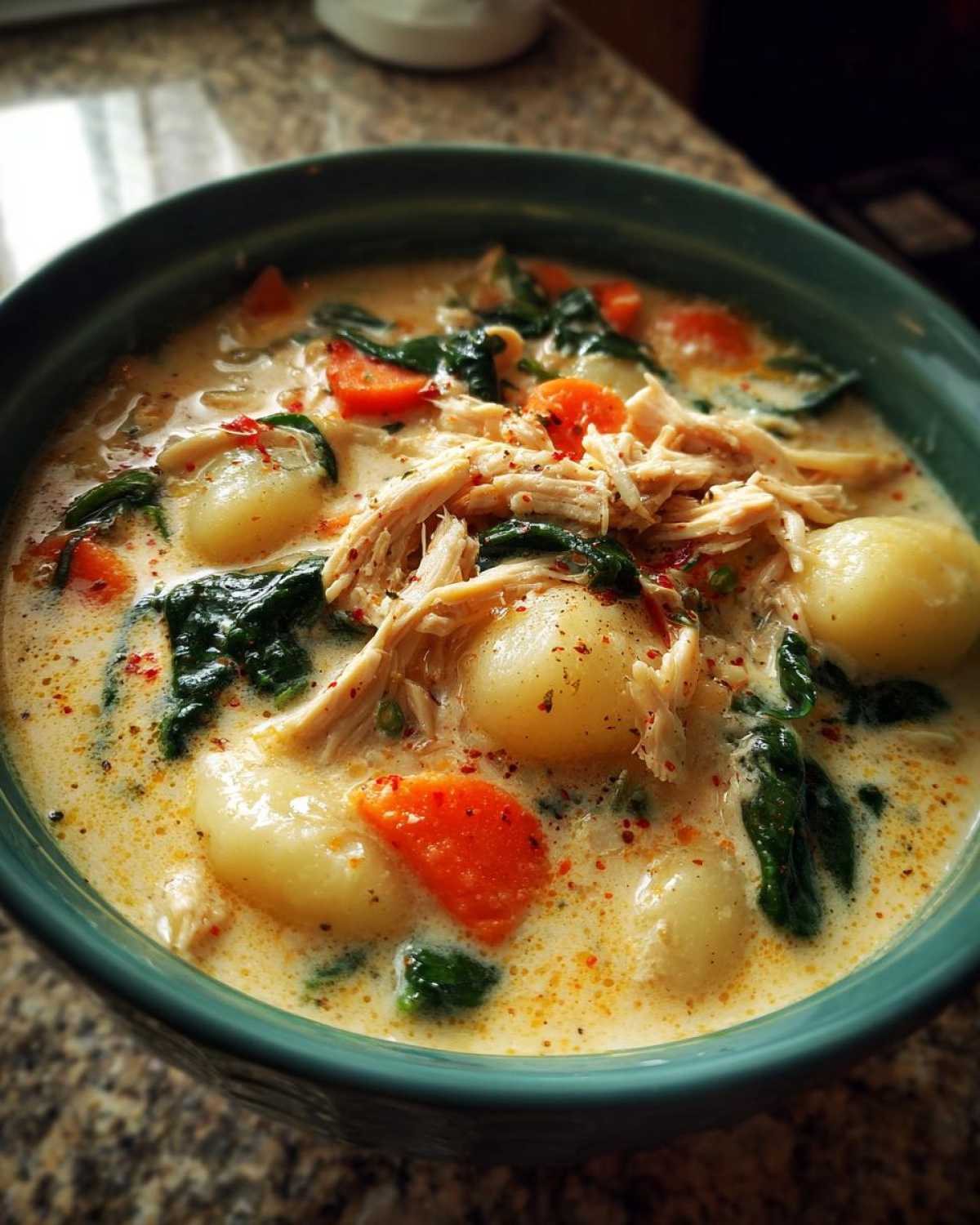 Close-up of creamy chicken gnocchi soup with carrots and spinach, topped with shredded chicken.