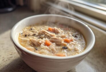 A steaming white bowl filled with creamy chicken rice soup featuring shredded chicken, carrots, and wild rice.