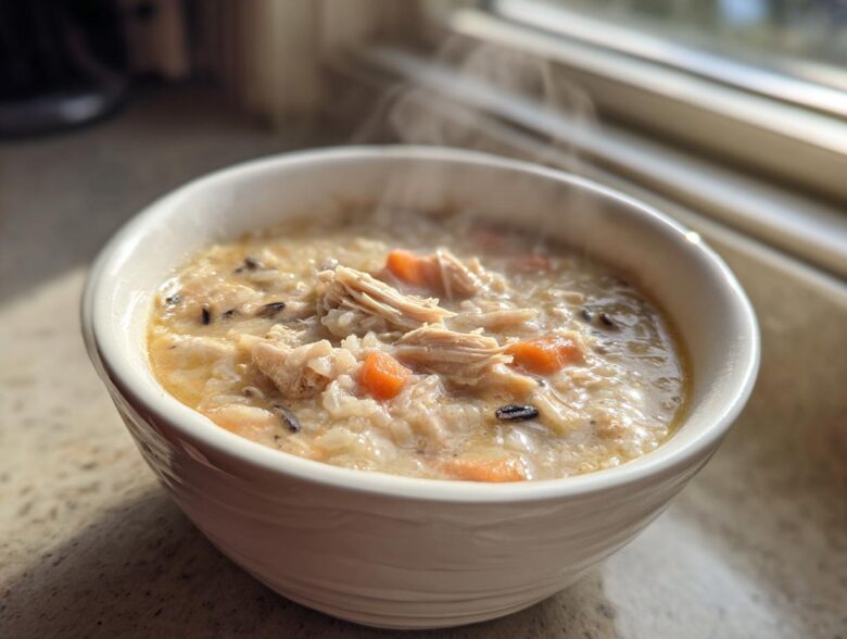 A steaming white bowl filled with creamy chicken rice soup featuring shredded chicken, carrots, and wild rice.