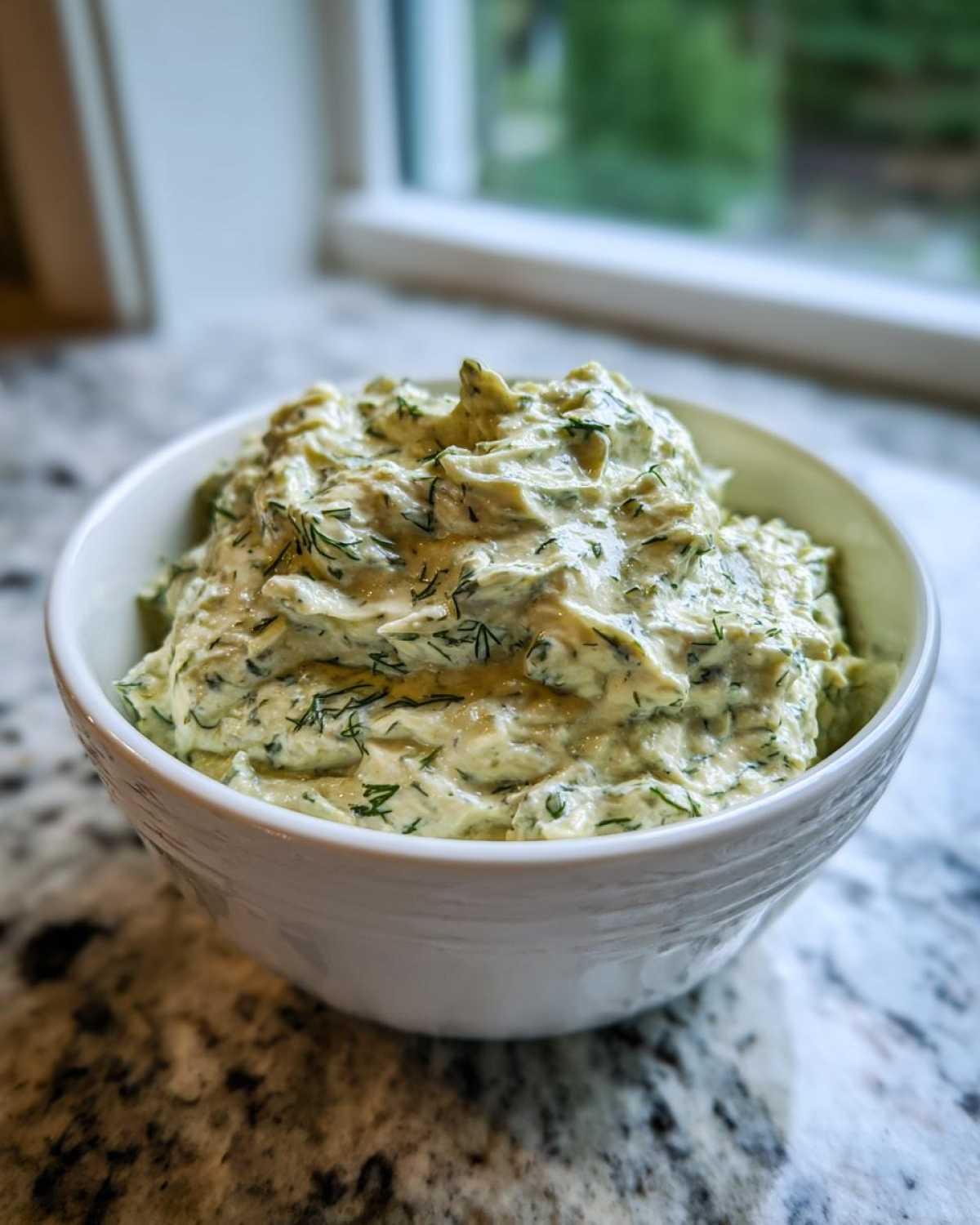 A close-up of creamy, light green pickle dip heavily mixed with fresh dill, served in a white bowl.