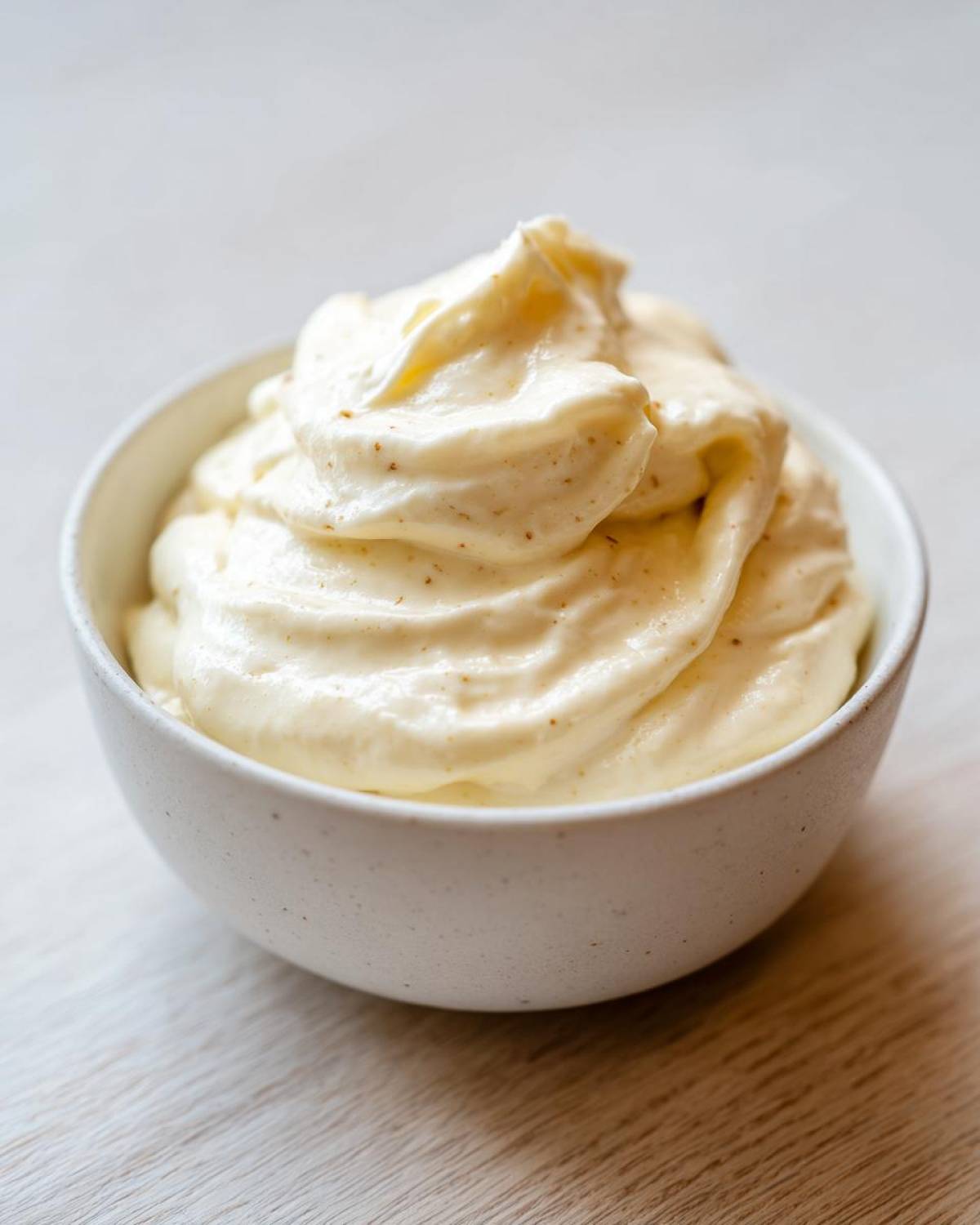 A close-up of rich, creamy garlic aioli swirled high in a speckled white bowl on a light wooden surface.