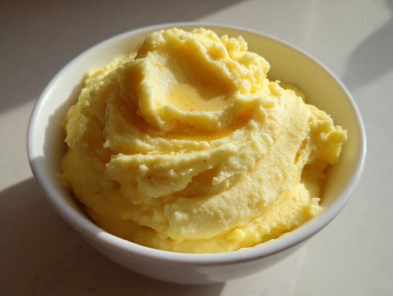 A close-up of perfectly creamy mashed potatoes, swirled high in a white bowl with melted butter pooling on top.