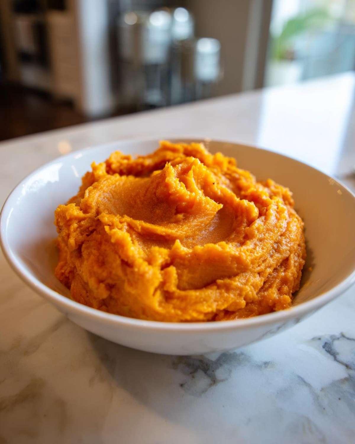 A white bowl filled with vibrant, creamy mashed sweet potatoes sitting on a marble countertop.