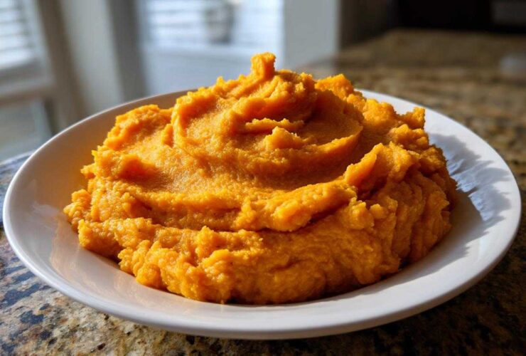 A generous serving of bright orange, creamy mashed sweet potatoes piled high on a white plate.