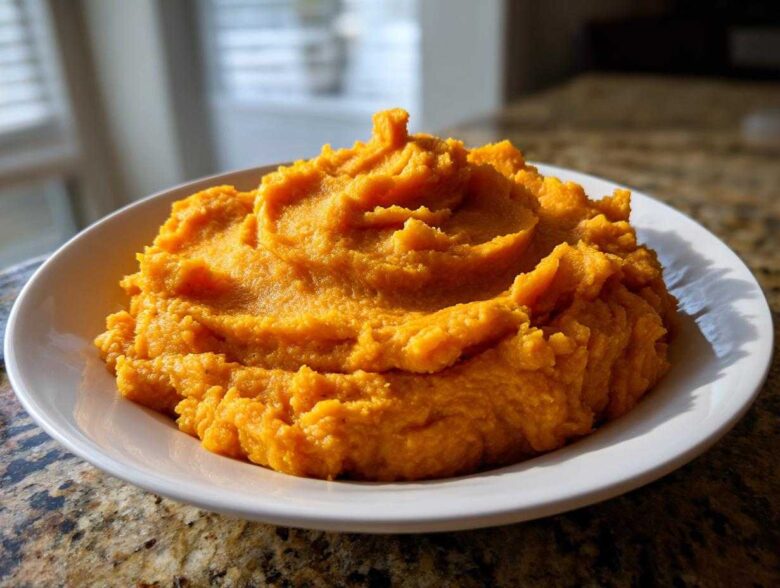 A generous serving of bright orange, creamy mashed sweet potatoes piled high on a white plate.