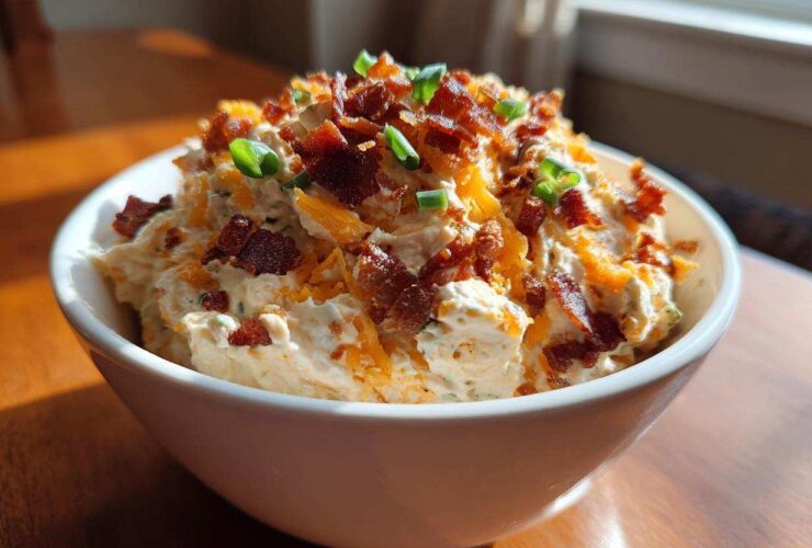 A white bowl filled with creamy Million Dollar Dip, topped generously with shredded cheddar and crispy bacon bits.