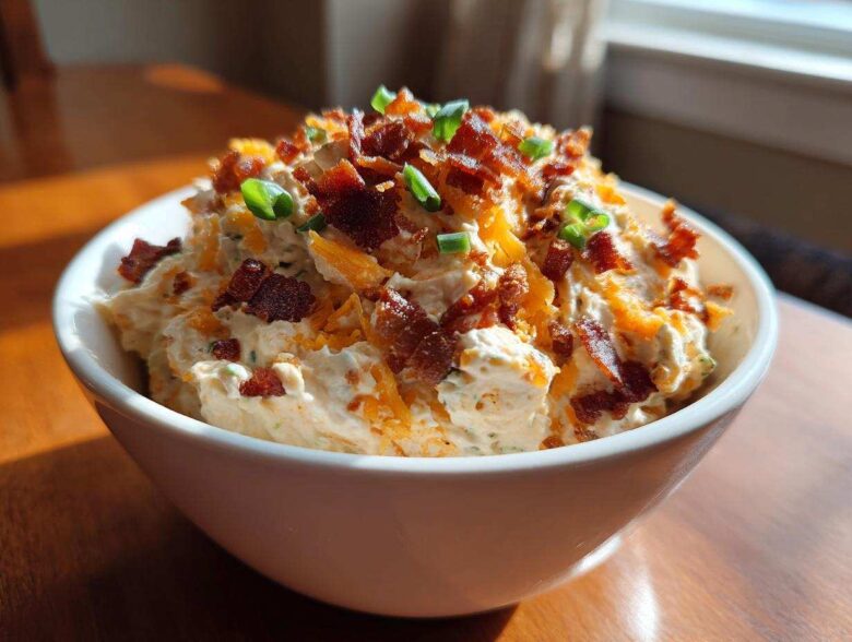 A white bowl filled with creamy Million Dollar Dip, topped generously with shredded cheddar and crispy bacon bits.