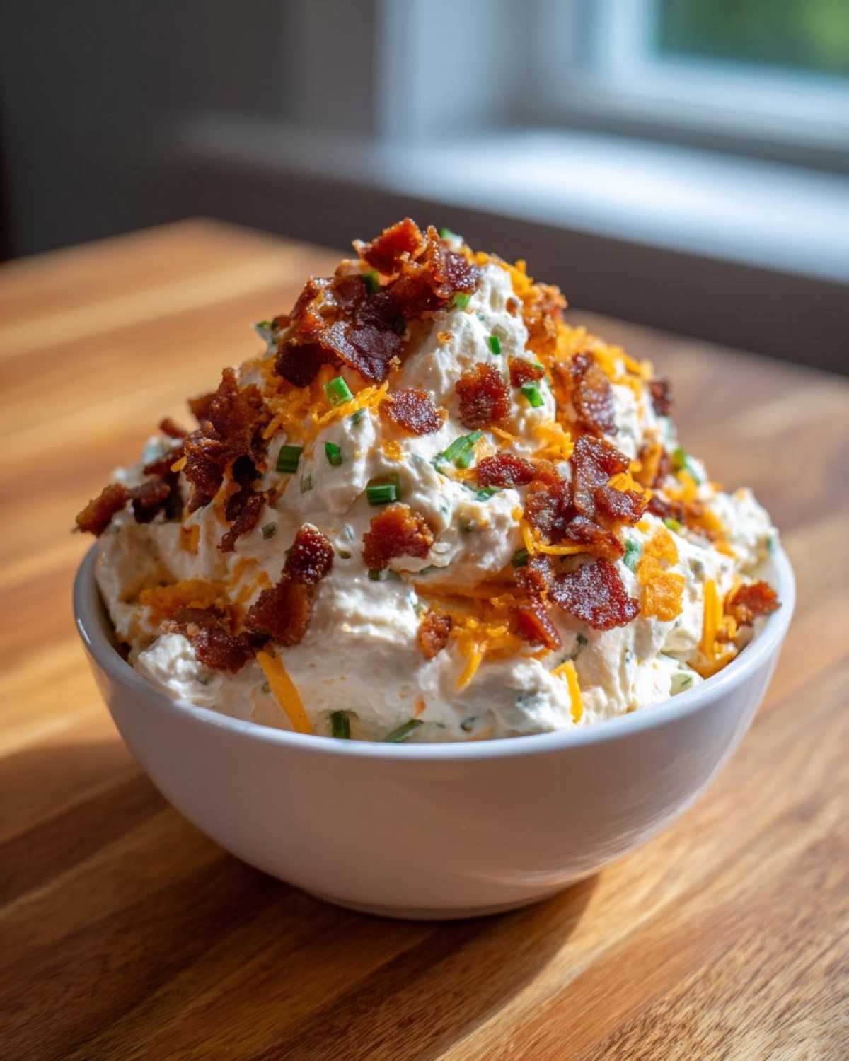 A creamy mound of Million Dollar Dip topped generously with crumbled bacon, shredded cheddar, and chives in a white bowl.