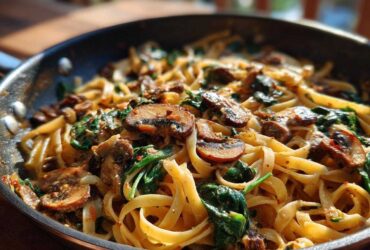 Close-up of creamy mushroom pasta with wilted spinach tossed in a skillet, featuring sliced, browned mushrooms.