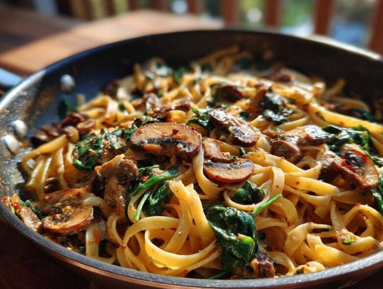 Close-up of creamy mushroom pasta with wilted spinach tossed in a skillet, featuring sliced, browned mushrooms.