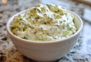 Close-up of a creamy, chunky homemade pickle dip mixed with fresh dill, served in a white bowl.