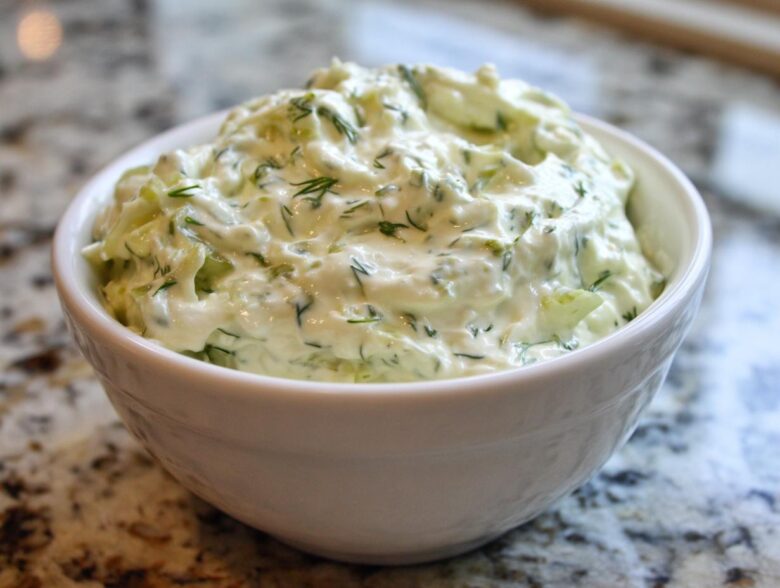 Close-up of a creamy, chunky homemade pickle dip mixed with fresh dill, served in a white bowl.