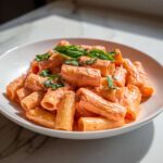 A white bowl filled with rigatoni pasta coated in a rich pink sauce pasta, garnished with fresh basil leaves.