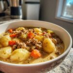 A close-up of a hearty bowl of creamy sausage gnocchi soup, featuring plump gnocchi, ground sausage, and diced carrots.