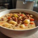 A close-up of a hearty bowl of creamy sausage gnocchi soup, featuring ground meat, soft gnocchi, carrots, and celery.