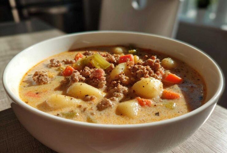 A close-up of a hearty bowl of creamy sausage gnocchi soup, featuring ground meat, soft gnocchi, carrots, and celery.