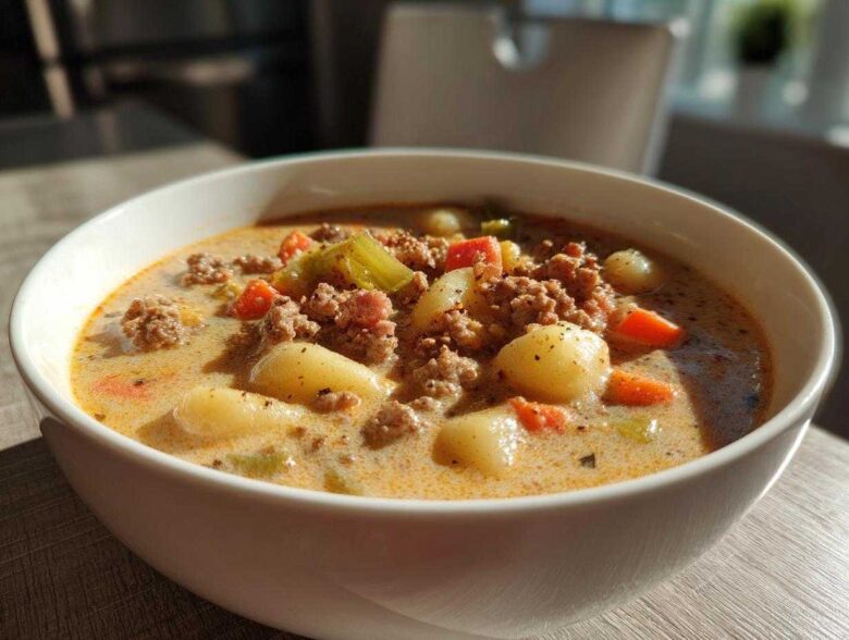 A close-up of a hearty bowl of creamy sausage gnocchi soup, featuring ground meat, soft gnocchi, carrots, and celery.