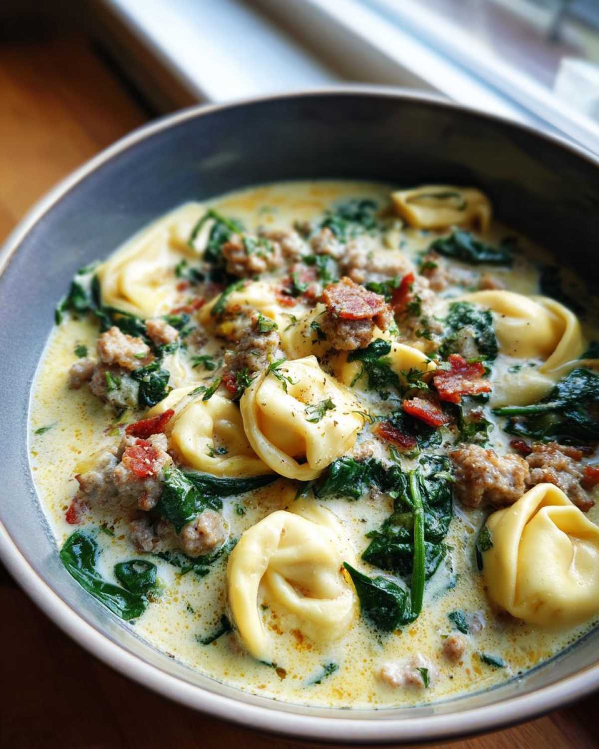 Close-up of creamy sausage tortellini soup featuring cheese tortellini, ground sausage, spinach, and bacon bits.