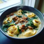 A close-up of a steaming bowl of creamy sausage tortellini soup, featuring pasta, crumbled sausage, and wilted spinach.