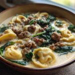 A close-up of a bowl filled with creamy sausage tortellini soup, featuring tortellini pasta, crumbled sausage, and wilted spinach.