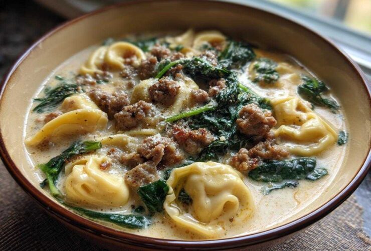 A close-up of a bowl filled with creamy sausage tortellini soup, featuring tortellini pasta, crumbled sausage, and wilted spinach.