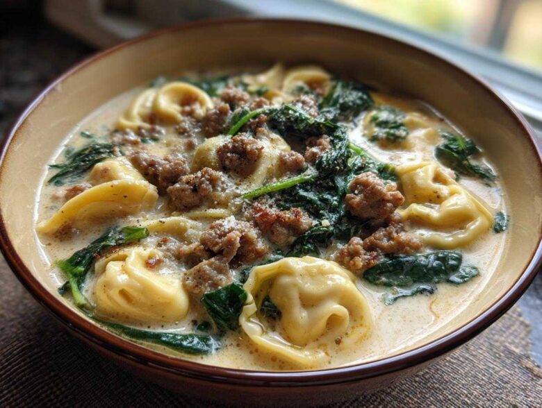 A close-up of a bowl filled with creamy sausage tortellini soup, featuring tortellini pasta, crumbled sausage, and wilted spinach.