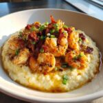 Close-up of creamy shrimp and grits topped with seasoned shrimp, bacon crumbles, and green onions.