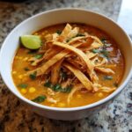 A close-up of a bowl of creamy tortilla soup recipe, loaded with shredded chicken, corn, and topped with crispy tortilla strips and a lime wedge.