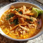 A close-up of a creamy, orange-hued tortilla soup recipe bowl, garnished with shredded chicken, corn, cilantro, and crispy tortilla strips.