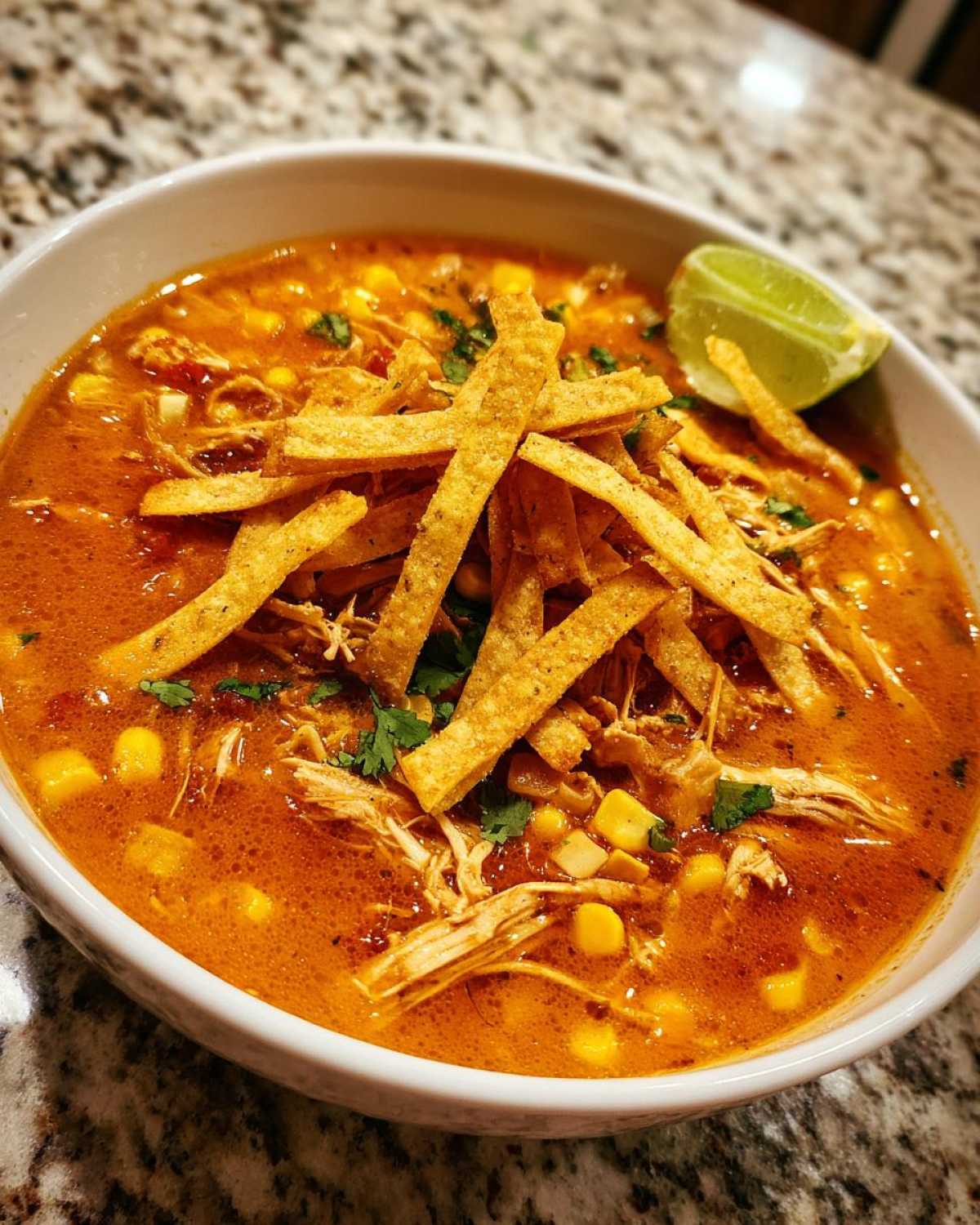 A close-up of a bowl of creamy tortilla soup recipe, topped with shredded chicken, corn, cilantro, and crispy tortilla strips, served with a lime wedge.