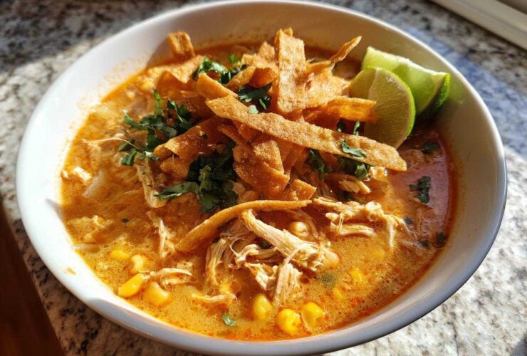 A close-up of a creamy, orange-hued tortilla soup recipe bowl, garnished with shredded chicken, corn, cilantro, and crispy tortilla strips.