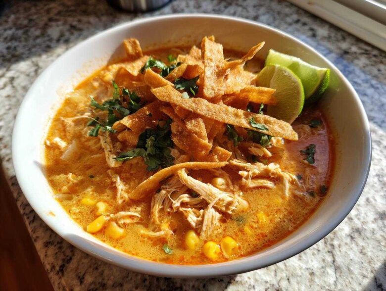 A close-up of a creamy, orange-hued tortilla soup recipe bowl, garnished with shredded chicken, corn, cilantro, and crispy tortilla strips.