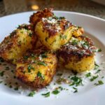 Close-up of golden brown, crispy air fryer gnocchi topped with grated Parmesan cheese and fresh chopped parsley.
