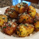 A close-up of golden brown, crispy air fryer gnocchi topped with grated parmesan cheese and fresh parsley.