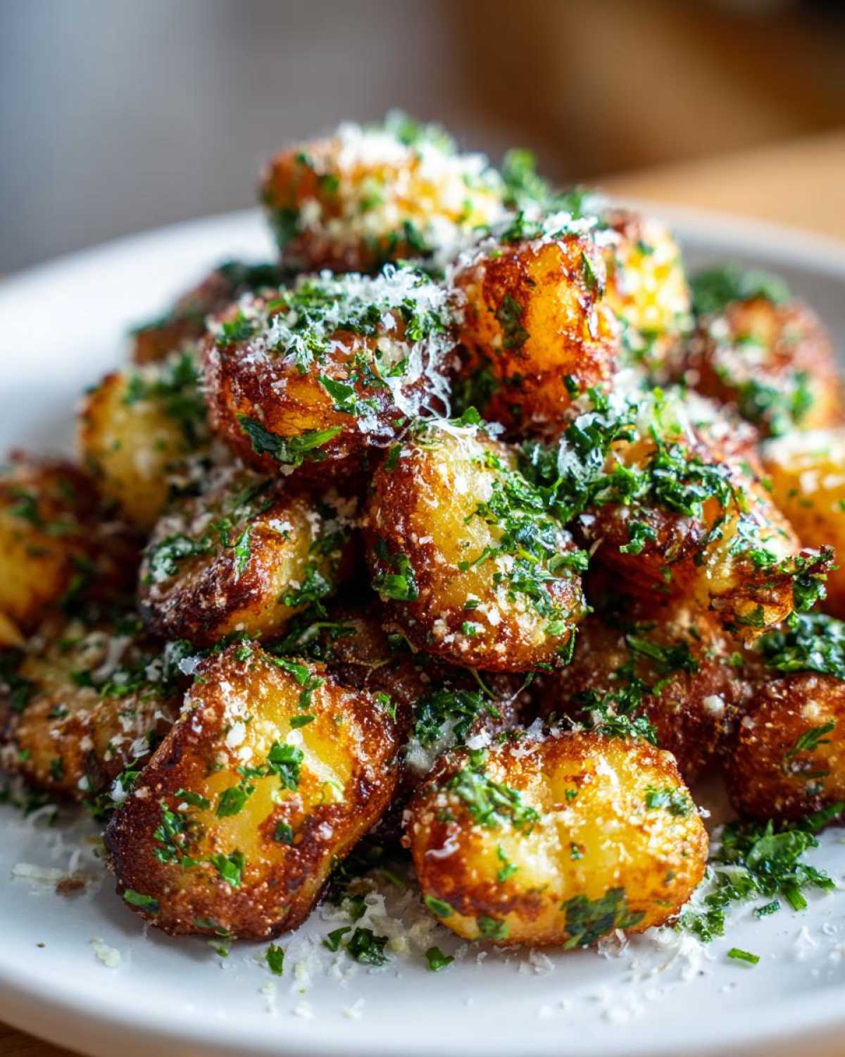 Close-up of golden brown, crispy air fryer gnocchi piled high and topped with grated Parmesan cheese and fresh chopped parsley.
